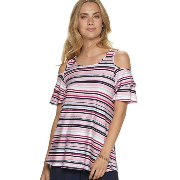 NEW Elle Striped Cold Shoulder Blouse Top XS - Picture 1 of 8